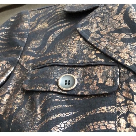 Chico's 1 Sz M Black Bronze Snakeskin Print Blazer Jacket Linen Rayon - Picture 3 of 7